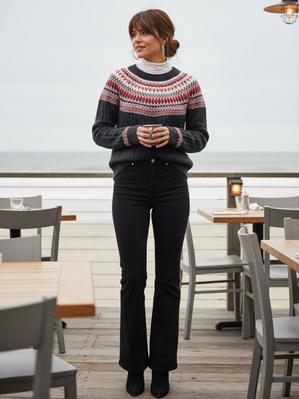 Croft & Barrow Sweater Womens L Black Excellent Fair Isle Cable Knit Pullover